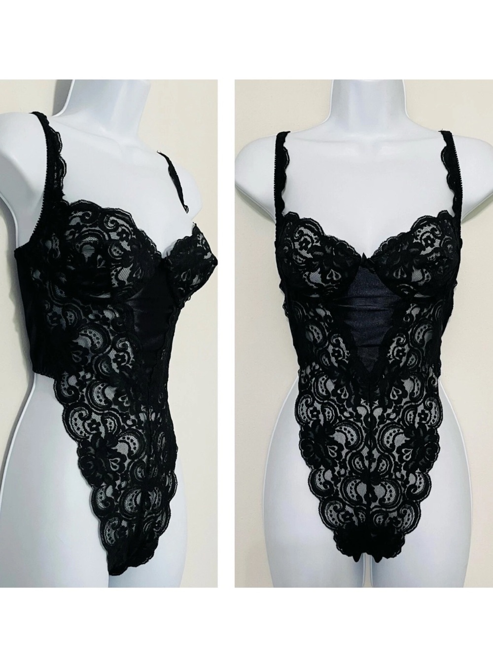 VTG 90s Victoria’s Secret 36C Bra Lace Second Skin Teddy Lingerie Bodysuit Black